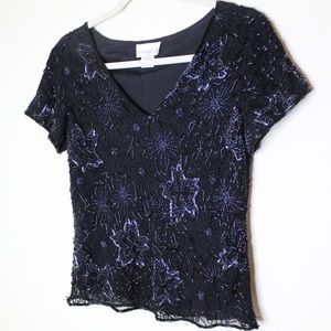 Fully beaded black V-neck top